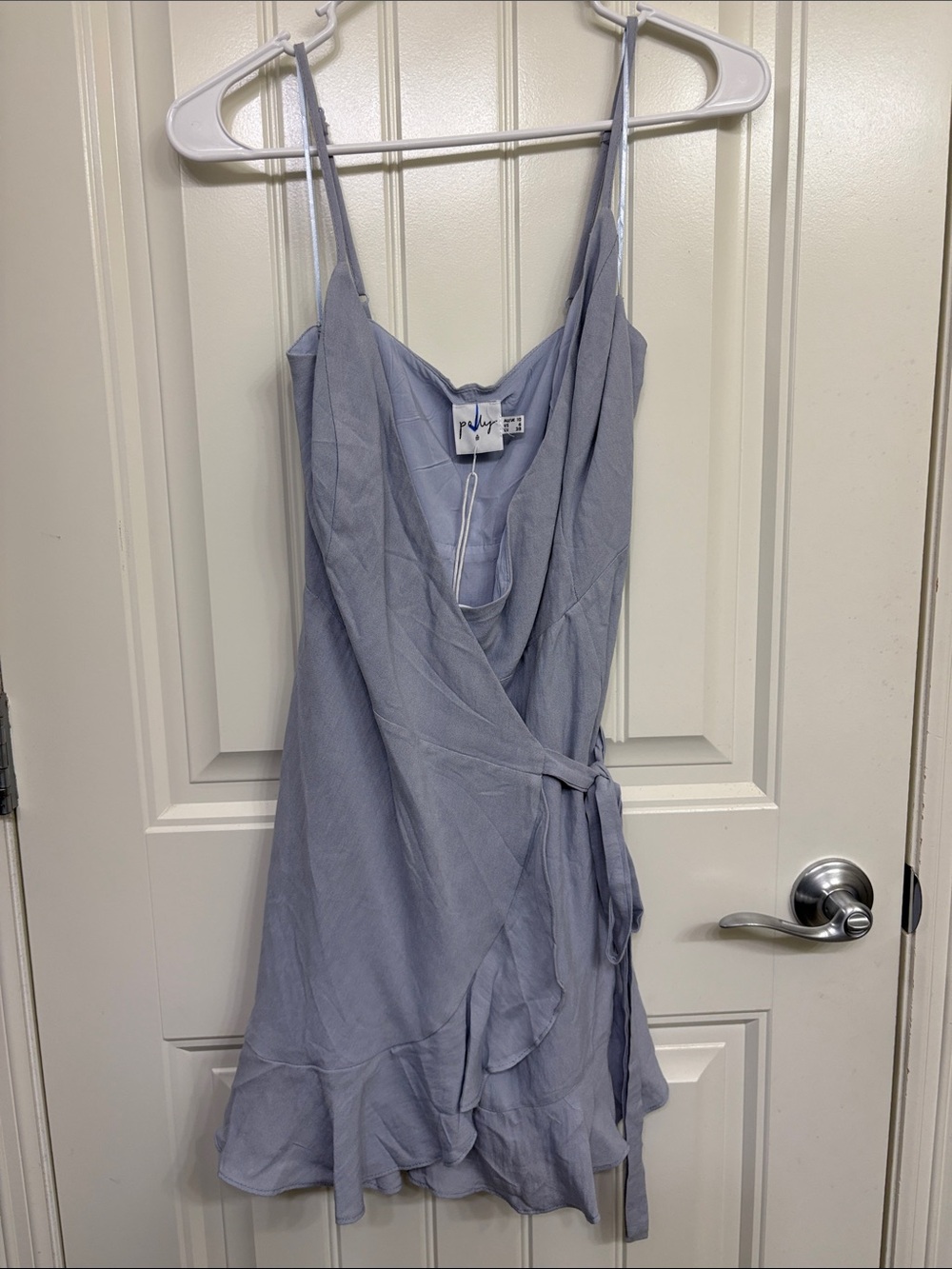 NWT Princess Polly Some Kinda Secret Light Gray-blue Wrap Mini Dress Ruffle‎ Hem